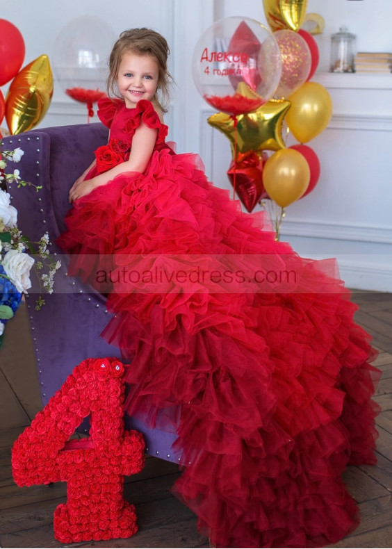 Red Tulle Ruffled High Low Flower Girl Dress
